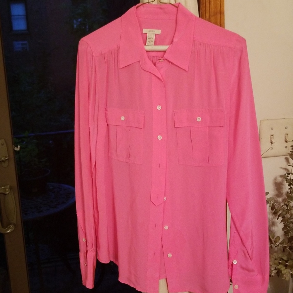 Jcrew bright pink silk top- longsleeve size 4 rela